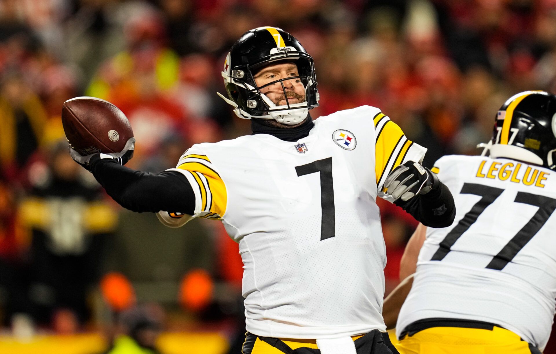 Pittsburgh Steelers quarterback Ben Roethlisberger (7) throws a pass against the Kansas City Chiefs during the first half in an AFC Wild Card playoff football game at GEHA Field at Arrowhead Stadium.