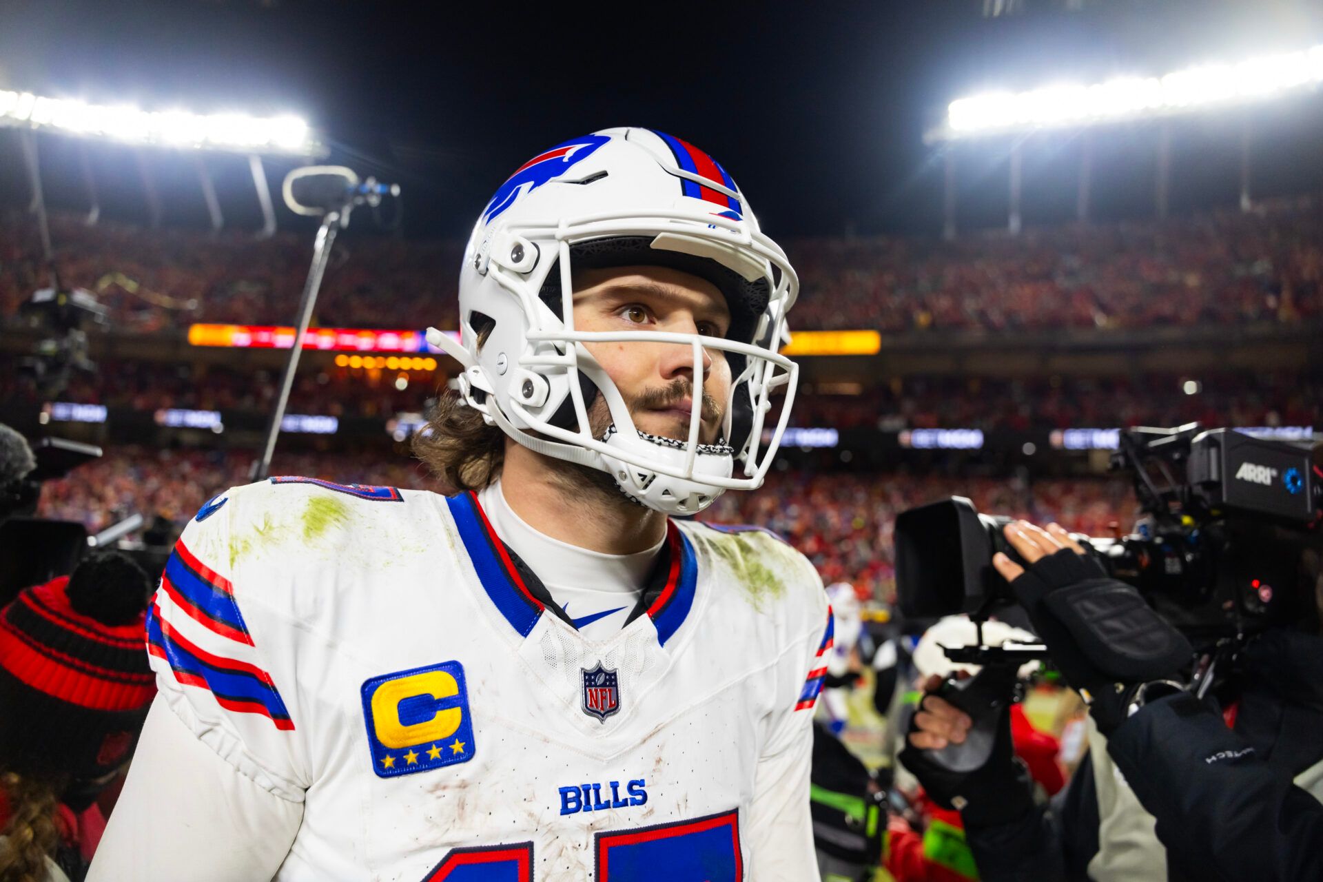 Buffalo Bills quarterback Josh Allen (17) reacts as he walks off the field after losing to the Kansas City Chiefs during the AFC Championship game at GEHA Field at Arrowhead Stadium.