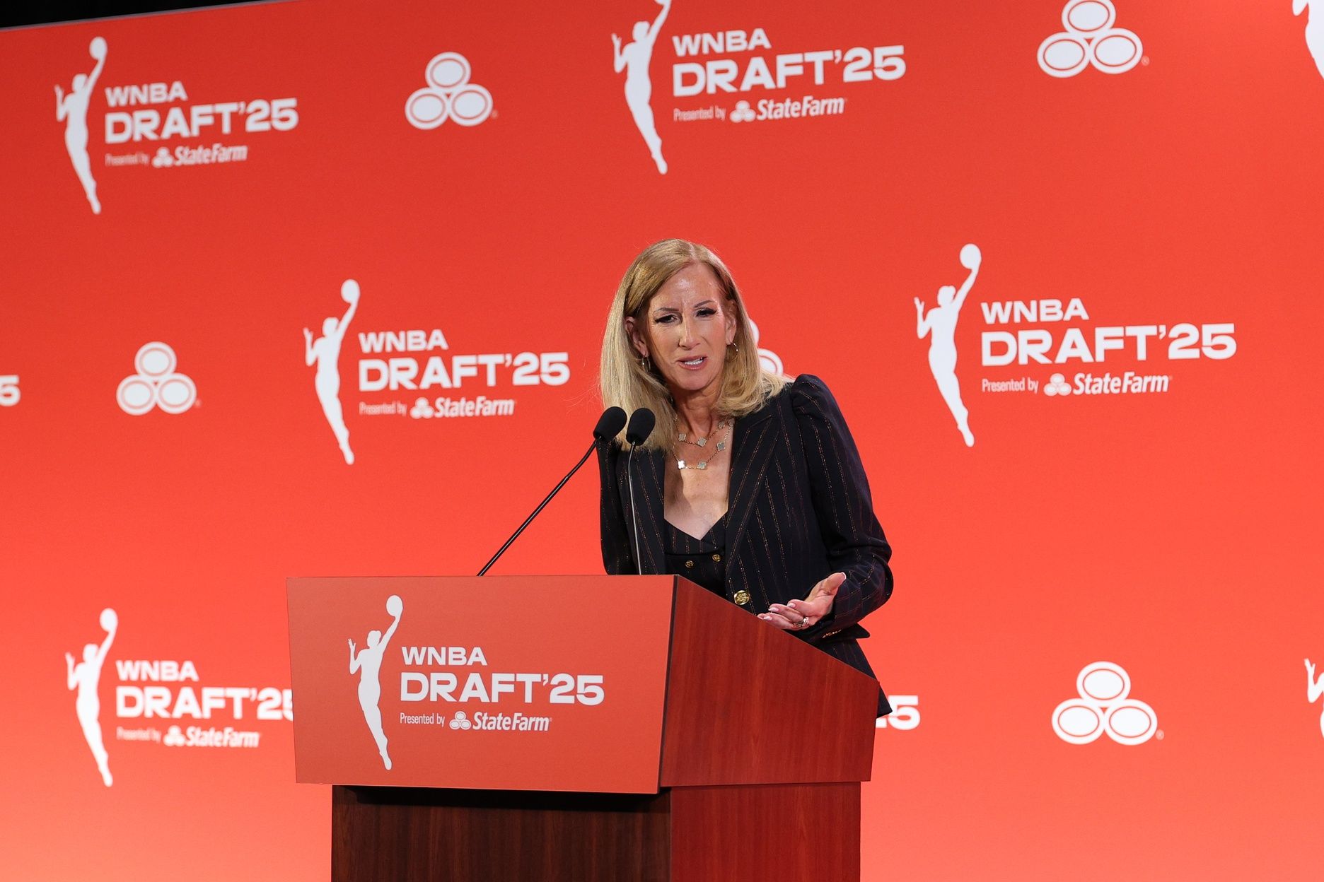 WNBA commissioner Cathy Engelbert talks to the media before the 2025 WNBA Draft at The Shed at Hudson Yards.