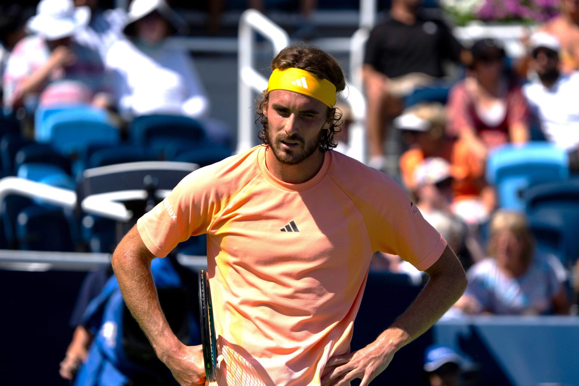 Stefanos Tsitsipas, of Greece, reacts to losing a point to Jan-Lennard Struff, of Germany, during the Cincinnati Open at the Lindner Family Tennis Center in Mason on Wednesday, Aug. 14, 2024.