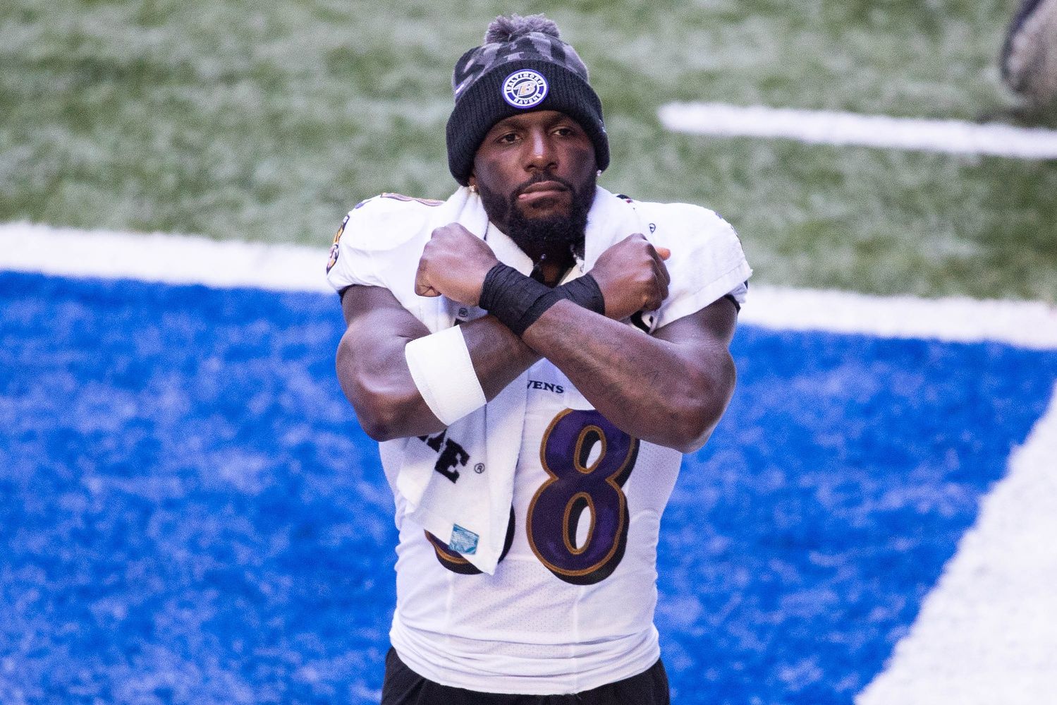 Baltimore Ravens wide receiver Dez Bryant (88) reacts before a game against the Indianapolis Colts at Lucas Oil Stadium.