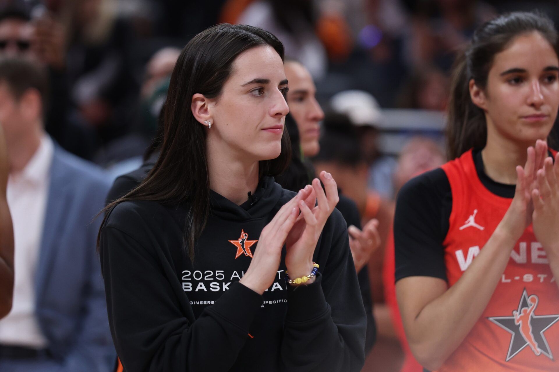Team Clark guard Caitlin Clark (22) reacts after the 2025 WNBA All Star Game at Gainbridge Fieldhouse.