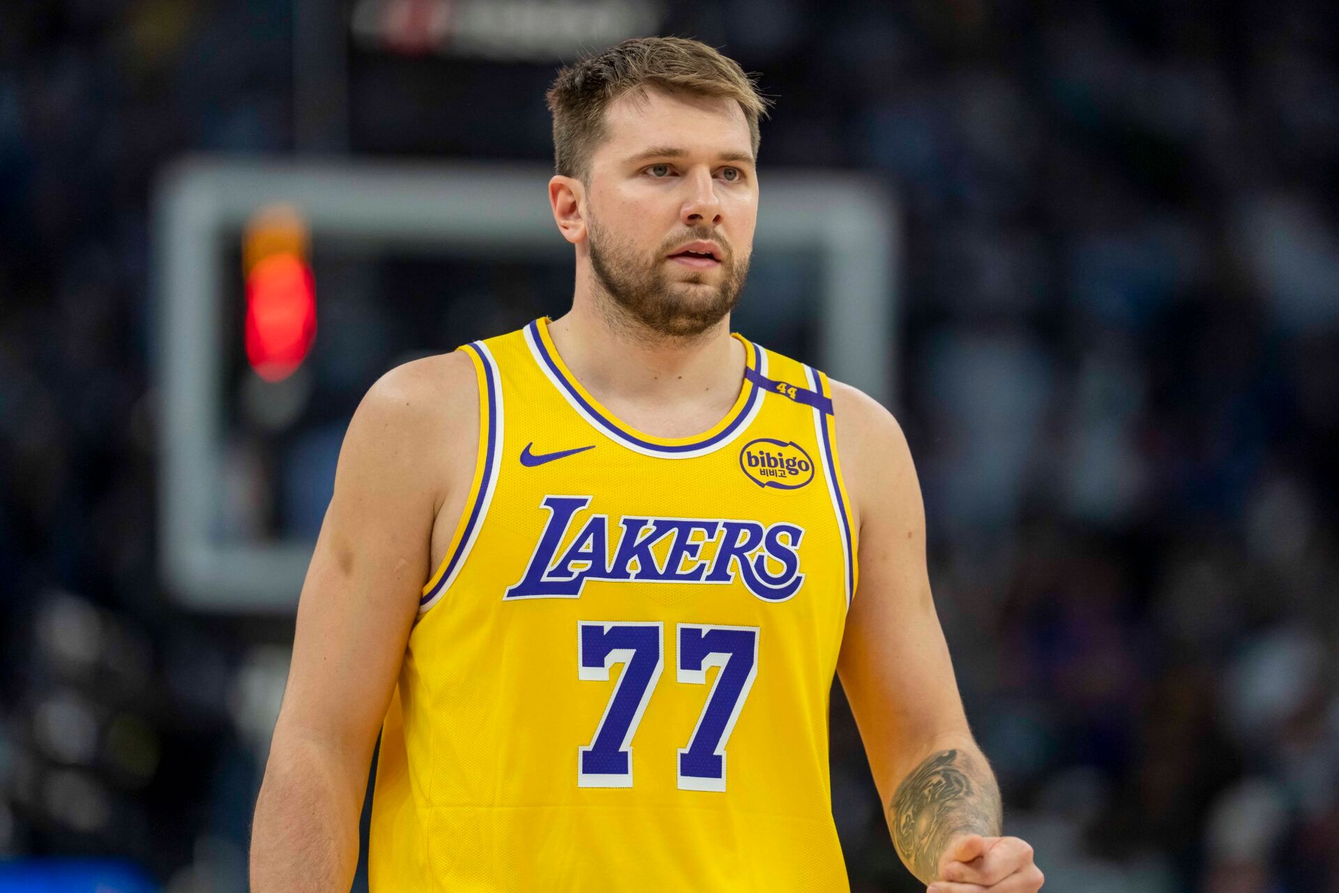 Los Angeles Lakers guard Luka Doncic (77) looks on against the Minnesota Timberwolves in the first half during game three of first round for the 2024 NBA Playoffs at Target Center.