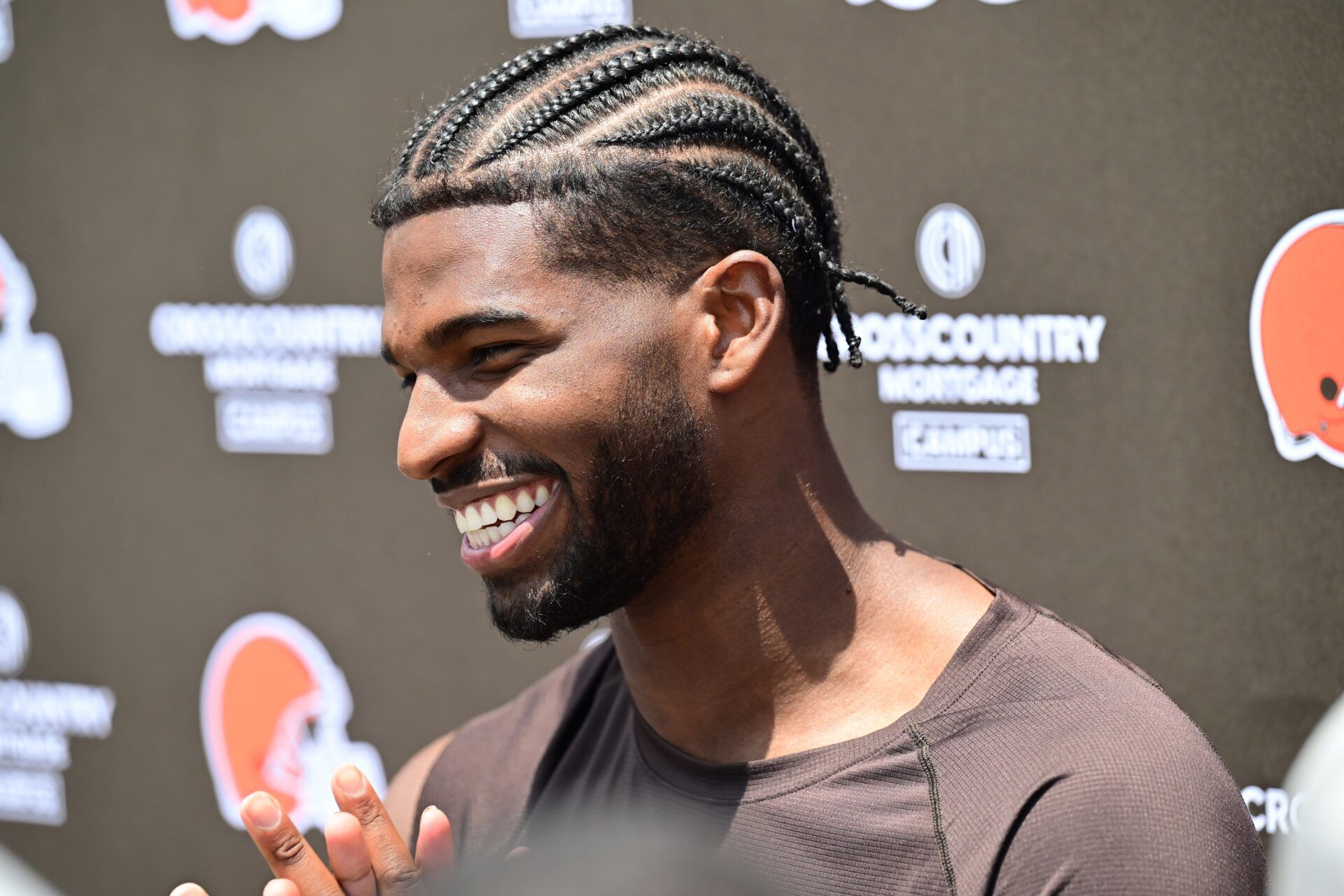 Cleveland Browns quarterback Shedeur Sanders (12) talk to the media during minicamp at CrossCountry Mortgage Campus.