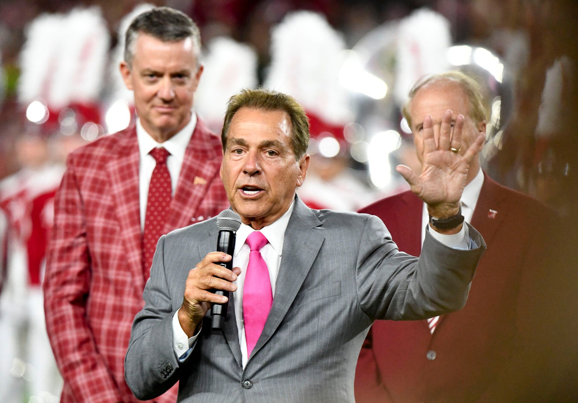 Nick Saban and family are honored a half time with the renaming of the playing surface as Nick Saban Filed at Bryant-Denny Stadium. Nick Saban expresses his feelings about the honor during remarks made at halftime of the game with South Florida.