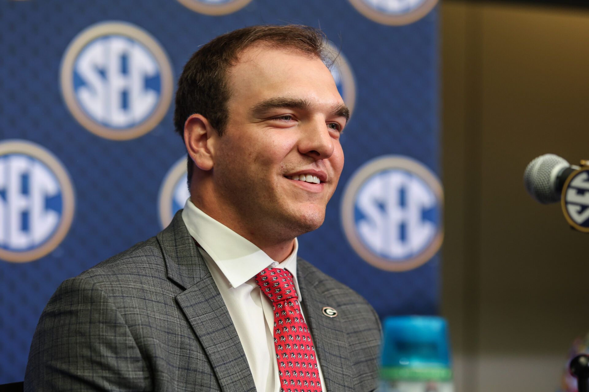Georgia Bulldogs quarterback Gunnar Stockton answers questions from the media during SEC Media Days at Omni Atlanta Hotel.