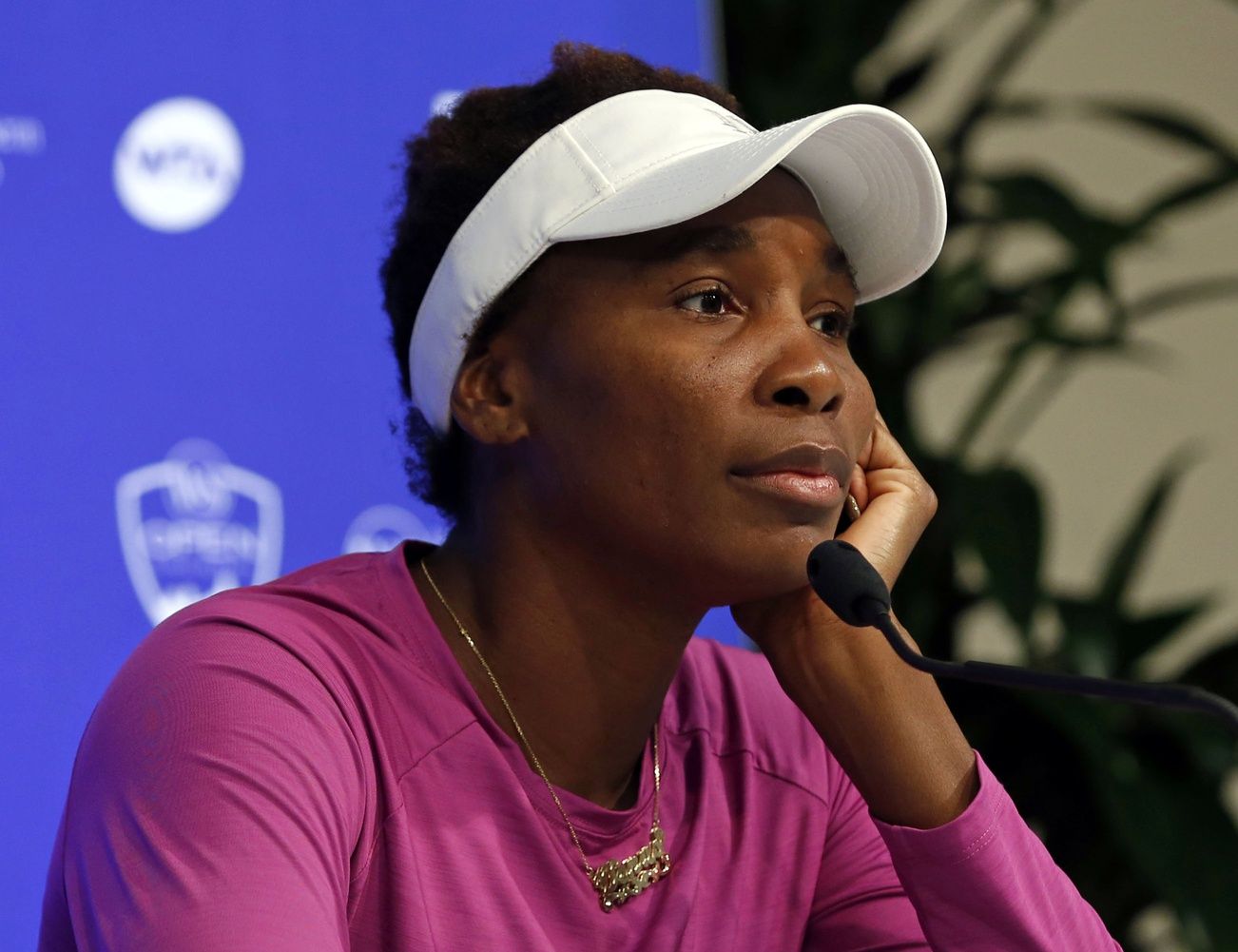 Venus Williams (USA) answers questions from the media after withdrawing on day four during the Western and Southern Open tennis tournament at Linder Family Tennis Center.