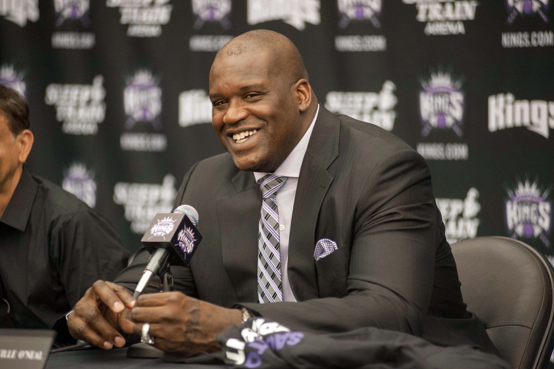 Sacramento Kings minority owner Shaquille O'Neal talks to the media during a press conference at Kings Practice Facility.