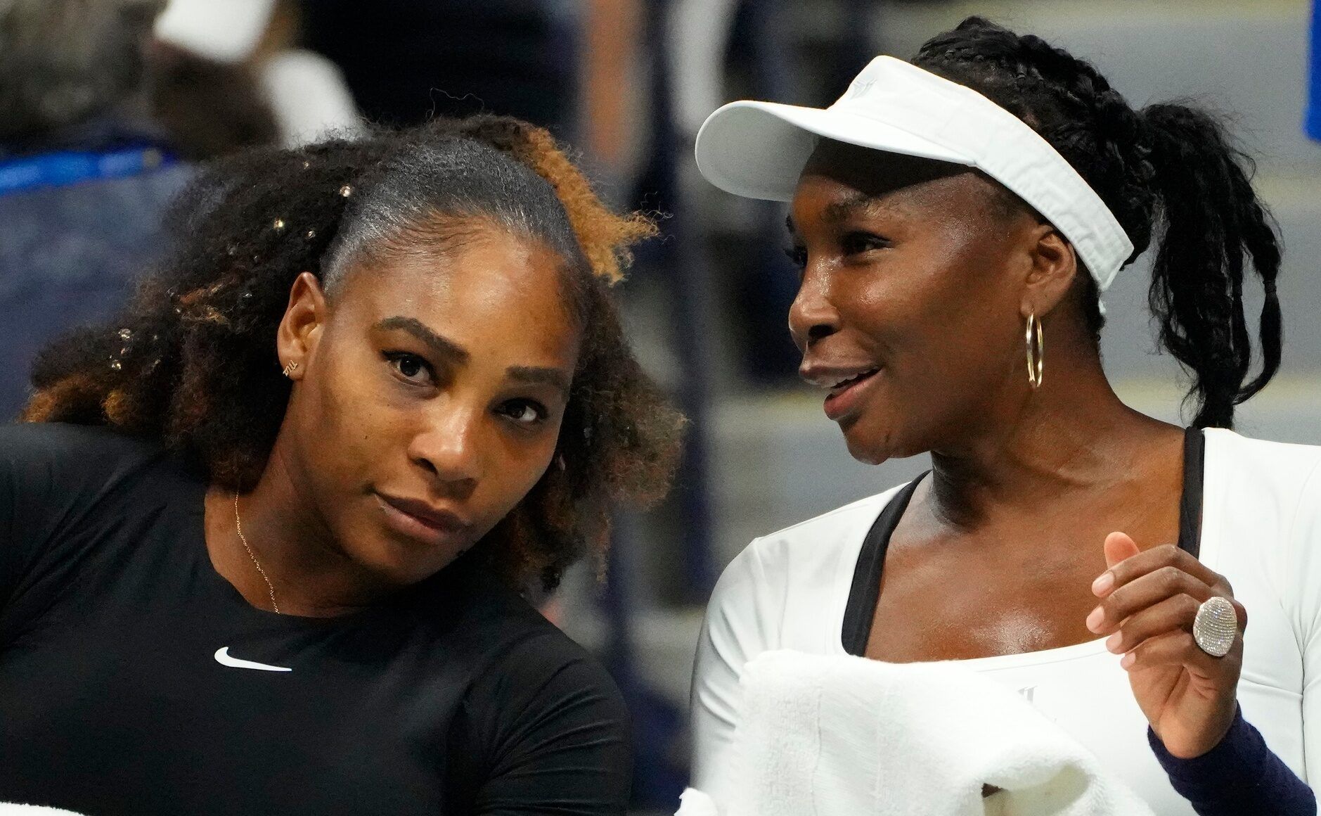 Serena Williams and Venus Williams of the USA play Lucie Hradecka and Linda Noskova of the Czech Republic in Woman's Doubles on day four of the 2022 U.S. Open tennis tournament at USTA Billie Jean King National Tennis Center.