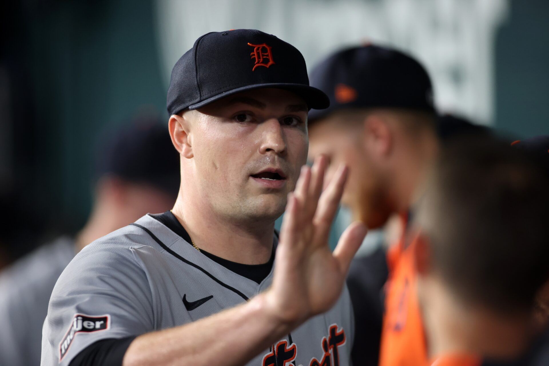 Detroit Tigers pitcher Tarik Skubal (29) is congratulated by his teammates in the dugout during the seventh inning against the Texas Rangers at Globe Life Field.