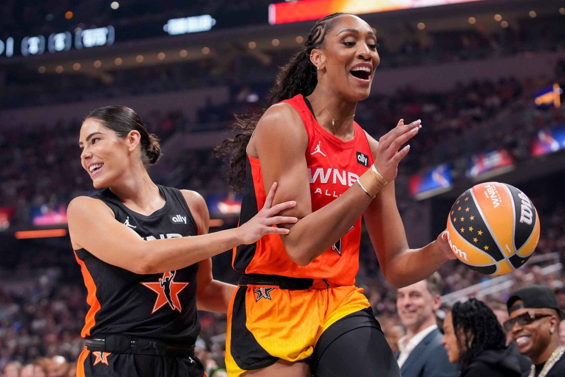 Los Angeles Sparks's Kelsey Plum (10) guards Las Vegas Aces' A’ja Wilson (22) on Saturday, July 19, 2025, during the WNBA All-Star Game at Gainbridge Fieldhouse in Indianapolis. IMAGN