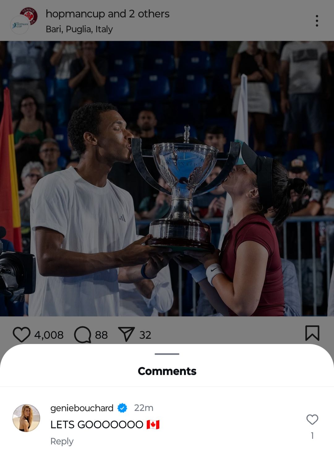 Screen grab of Eugenie Bouchard's comment