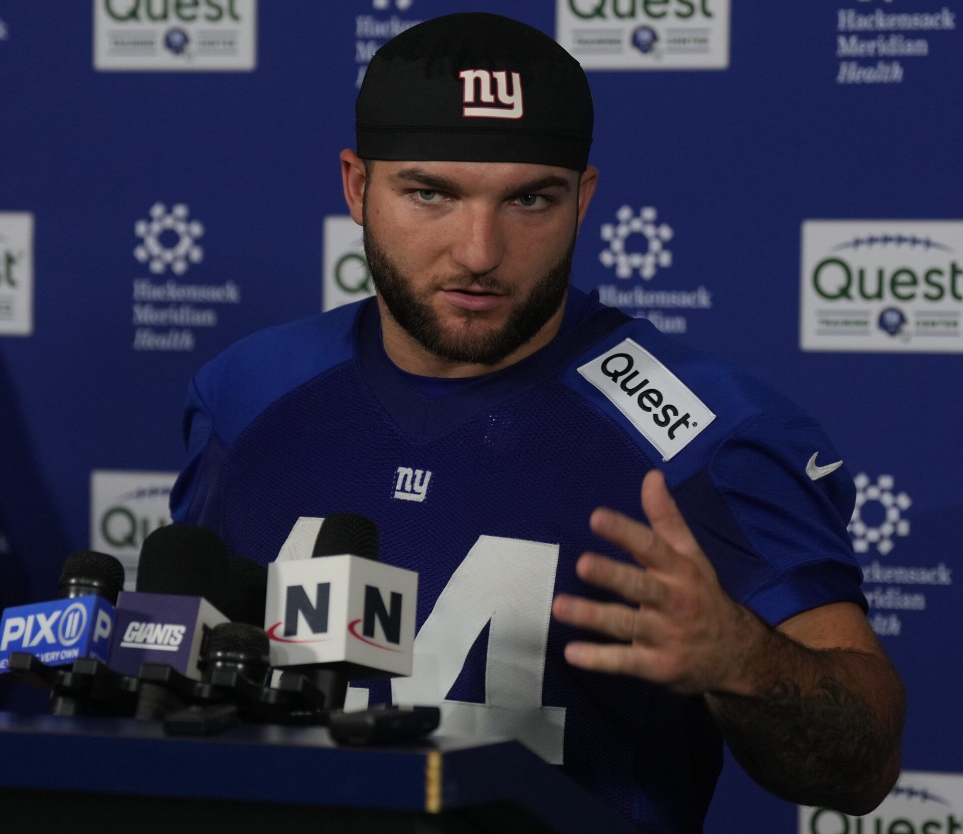 Eat Rutherford, NJ -- May 9, 2025 -- Cam Skattebo talks to the media following practice at Giants Rookie Minicamp.