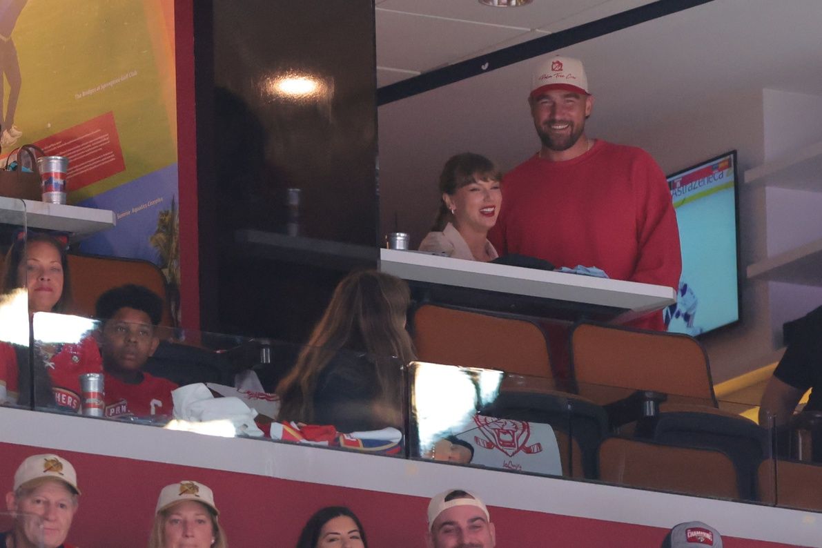 American singer-songwriter Taylor Swift and Kansas City Chiefs Travis Kelce are in attendance during the game between Edmonton Oilers and Florida Panthers in game four of the 2025 Stanley Cup Final at Amerant Bank Arena. - Credit: Sam Navarro-Imagn Images
