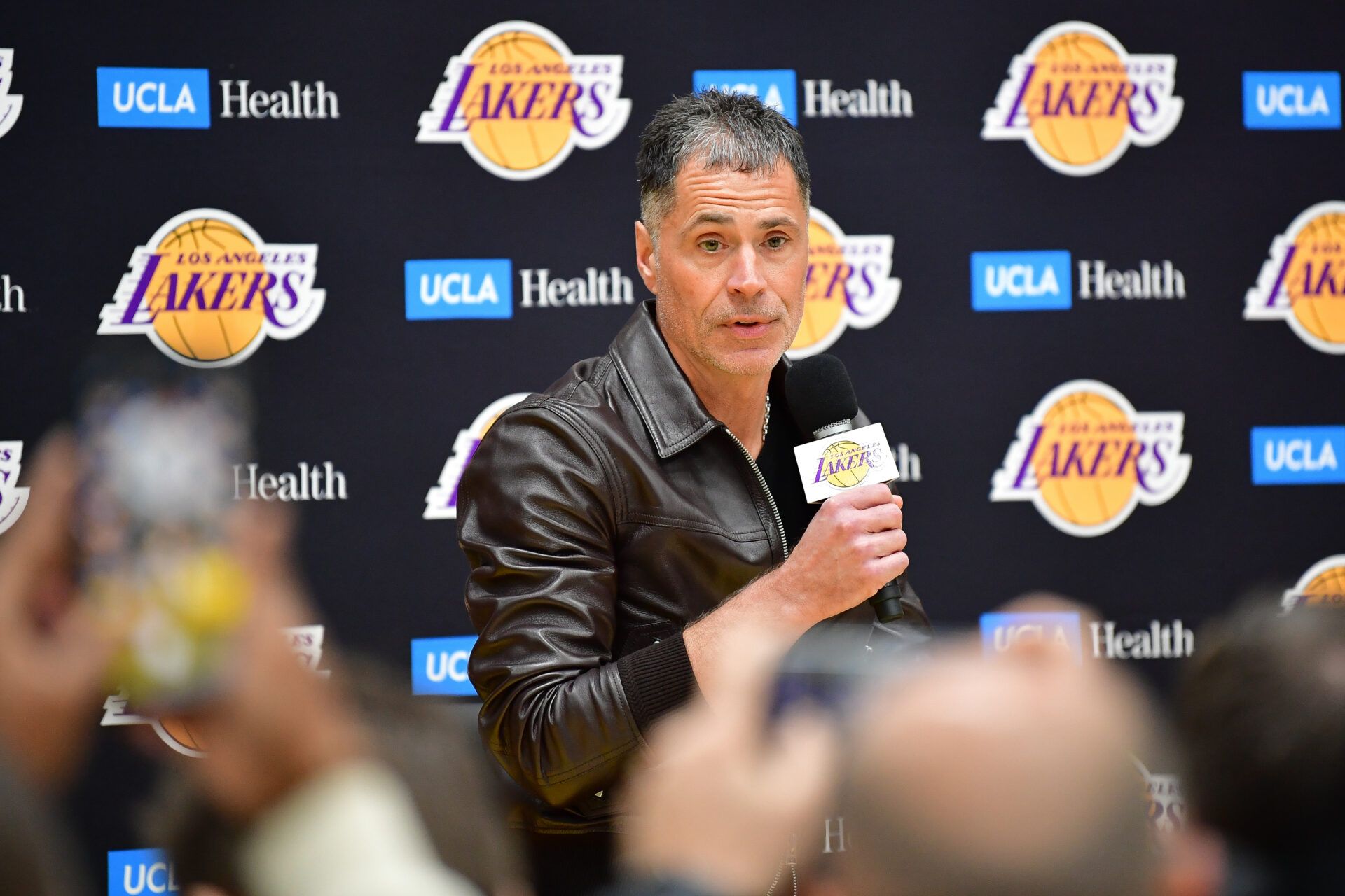 Los Angeles Lakers vice president of basketball operations and general manager Rob Pelinka speaks before introducing Luka Doncic at UCLA Health Training Center.