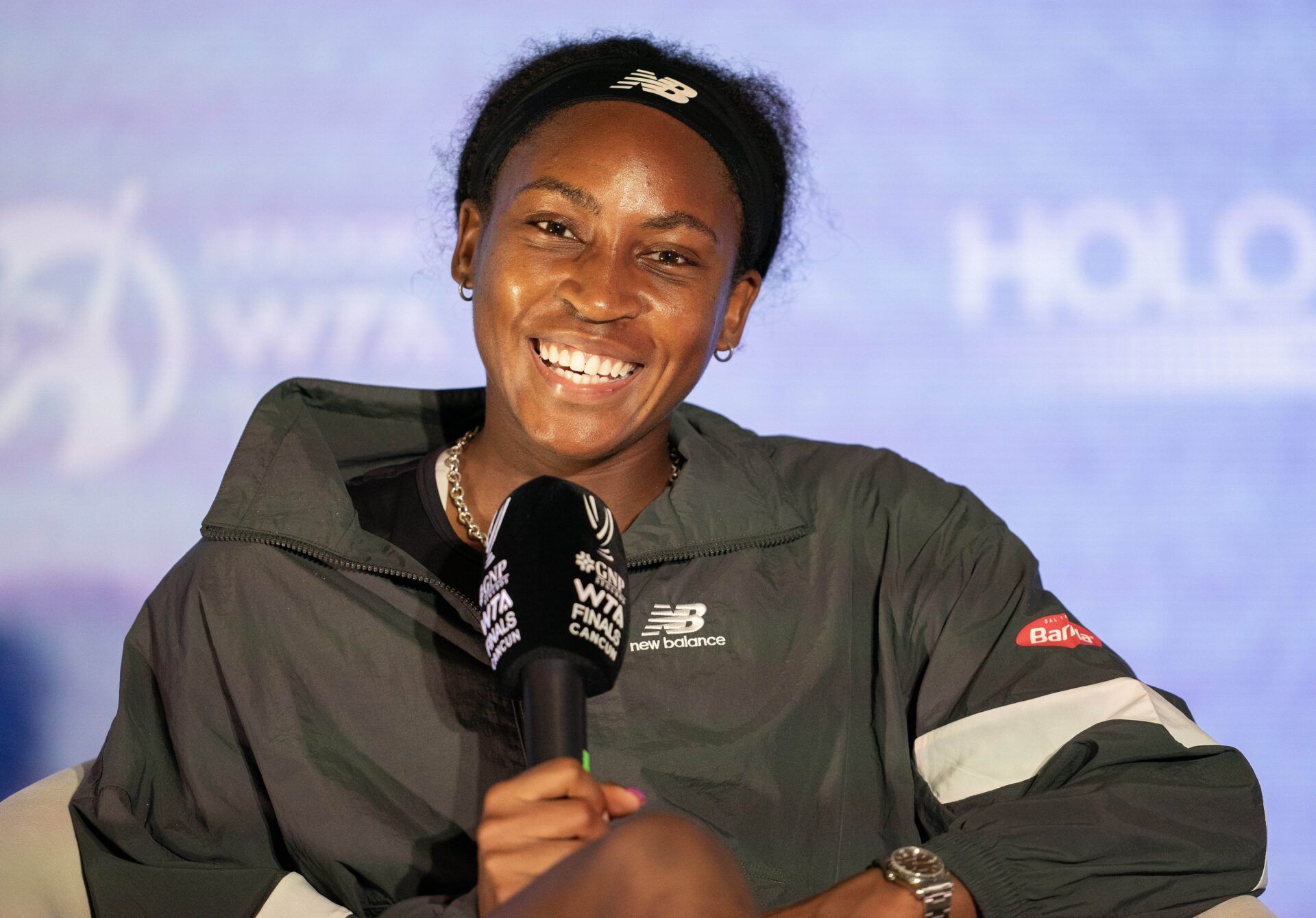 Coco Gauff (USA) in her press conference after her match against Ons Jabeur (TUN) on day two of the GNP Saguaros WTA Finals Cancun.