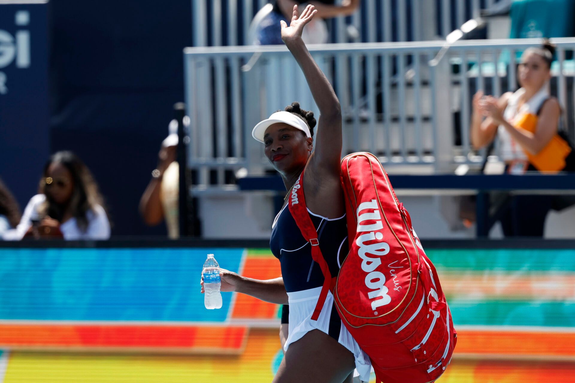Venus Williams (USA) waves to the crowd while leaving the court after her match against Diana Shnaider (not pictured) on day two of the Miami Open at Hard Rock Stadium.