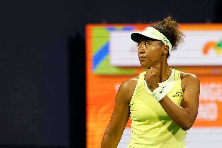 Naomi Osaka (JPN) reacts after winning the first set against Liudmila Samsonova (not pictured) on day three of the Miami Open at Hard Rock Stadium.