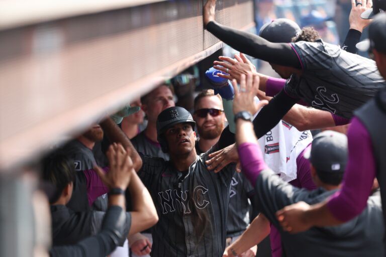 New York Mets right fielder Juan Soto (22) reacts after scoring a run during the eighth inning against the Cincinnati Reds at Citi Field.