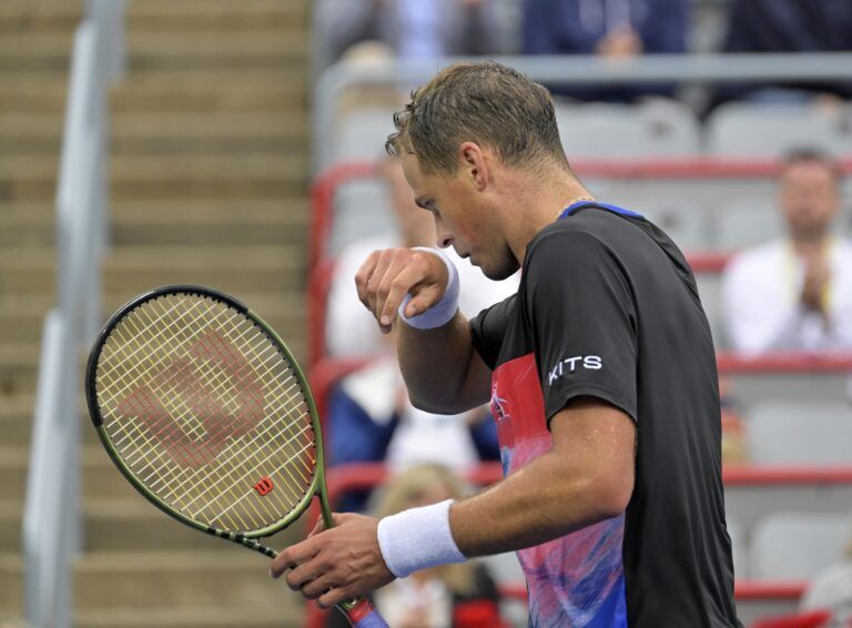 Vasek Pospisil (CAN) gestures during his match against Tommy Paul (USA) in first round play in the National Bank Open at IGA Stadium.
