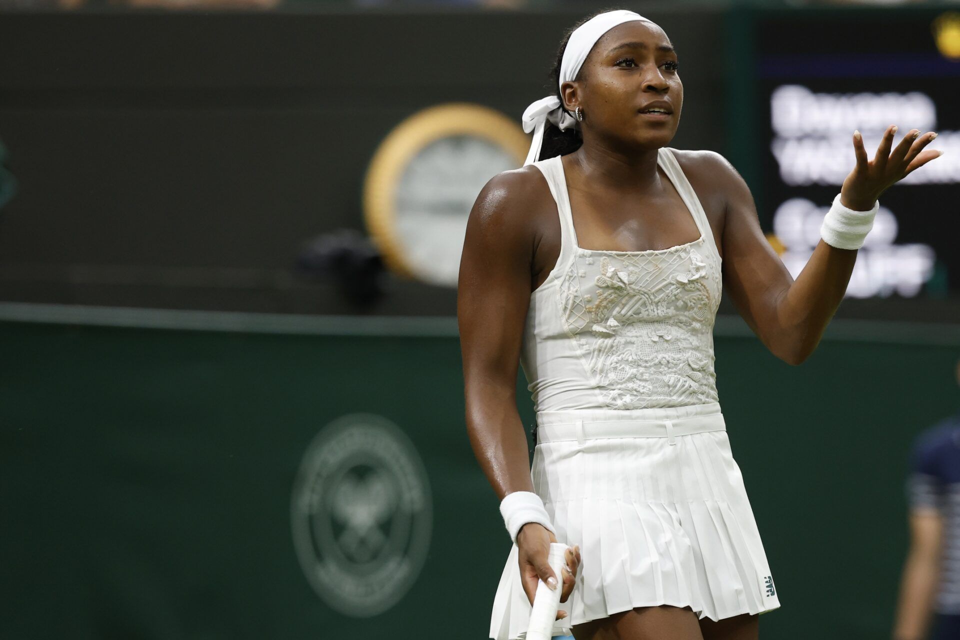 Coco Gauff (USA) gestures to her player's box after missing a shot Dayana Yastremska (UKR)(not pictured) on day 2 of The Championships, Wimbledon 2025 at All England Lawn Tennis and Croquet Club.