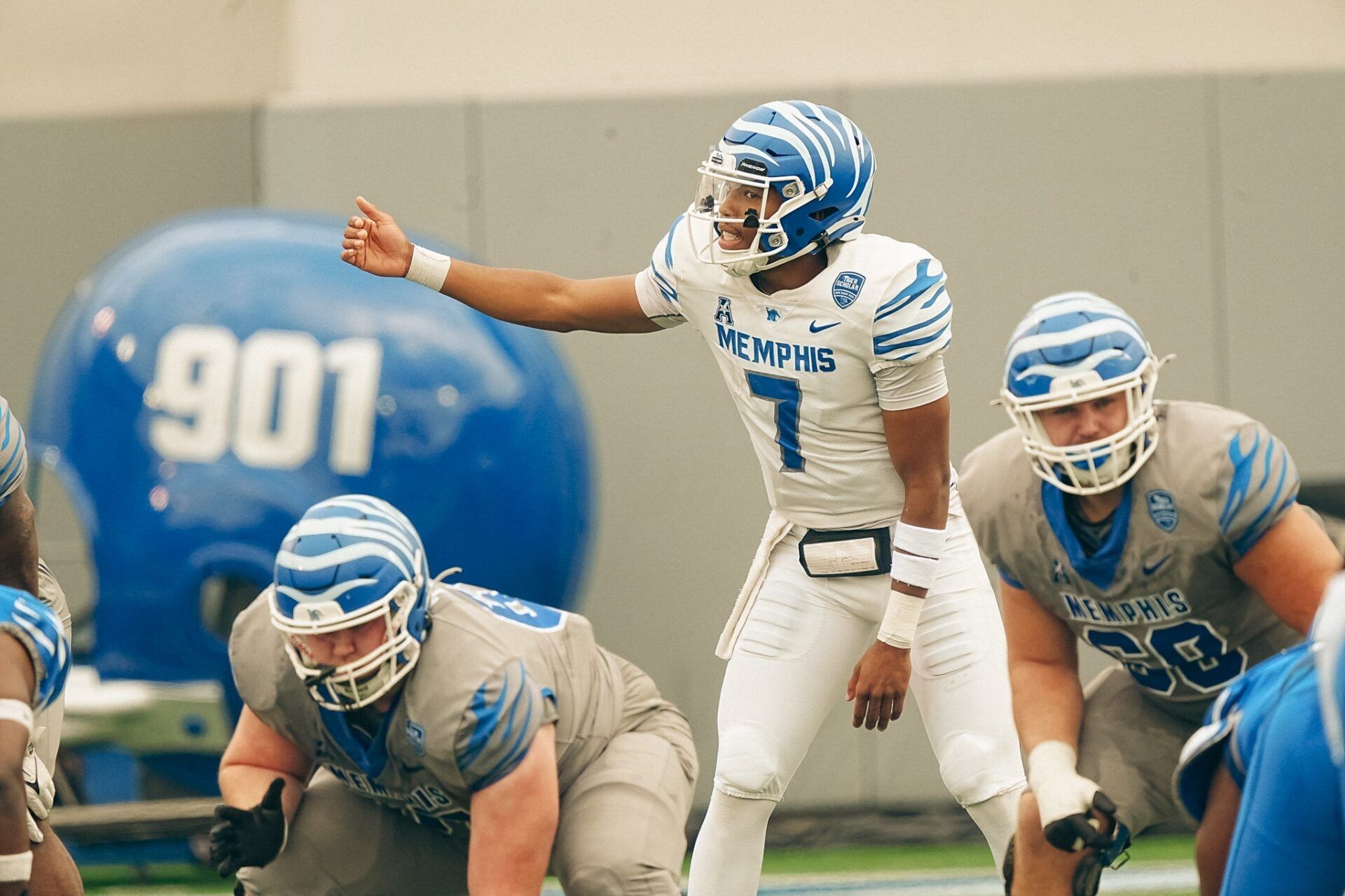 Quarterback Arrington Maiden (7) calls out a play during a Memphis Tigers football spring game between the blue and gray team on Saturday, April 26, 2025 at Simmons Liberty Bank Stadium in Memphis, Tenn.