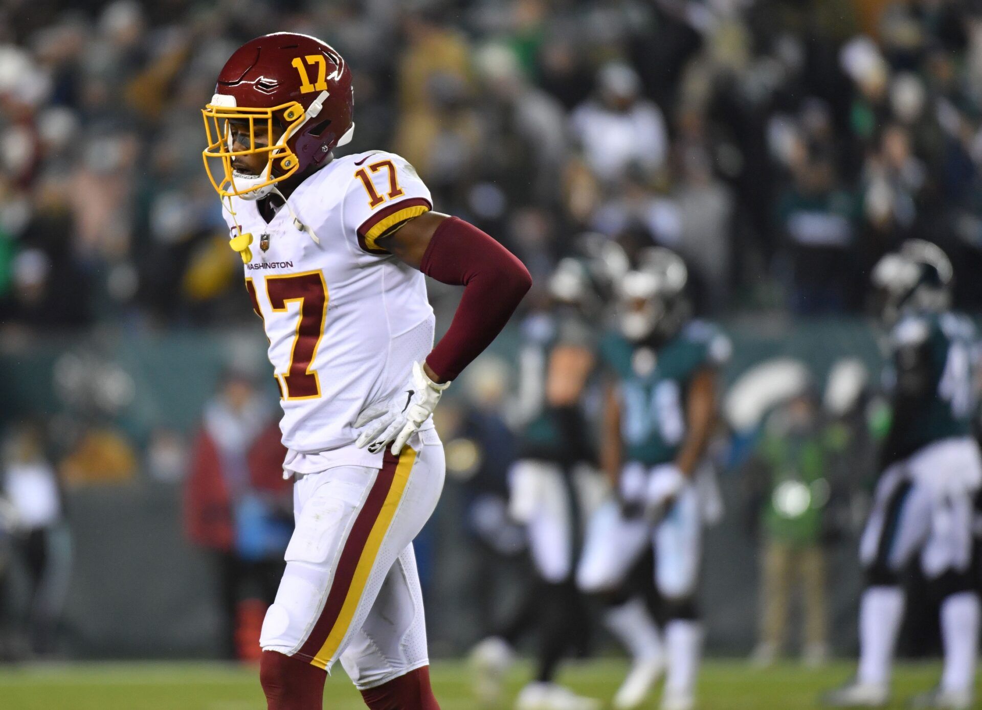 Washington Football Team wide receiver Terry McLaurin (17) walks off the field after turning the ball over on downs during the fourth quarter against the Philadelphia Eagles at Lincoln Financial Field.