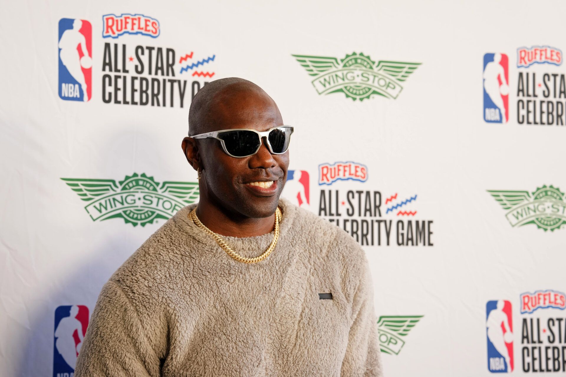 Terrell Owens before the celebrity game ahead of the 2025 NBA All Star Game at Oakland Arena.