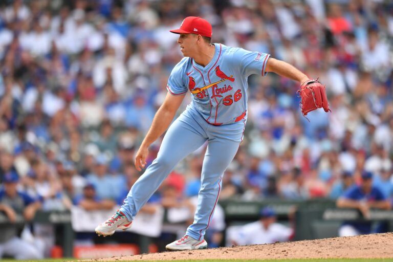 St. Louis Cardinals pitcher Ryan Helsley (56) pitches during the ninth inning against the Chicago Cubs at Wrigley Field.