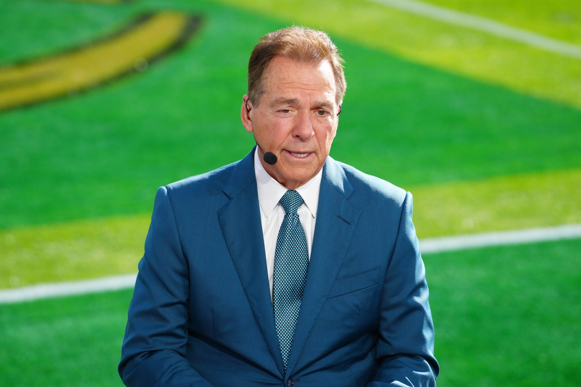 Nick Saban on the ESPN Gameday set at Rose Bowl Stadium.