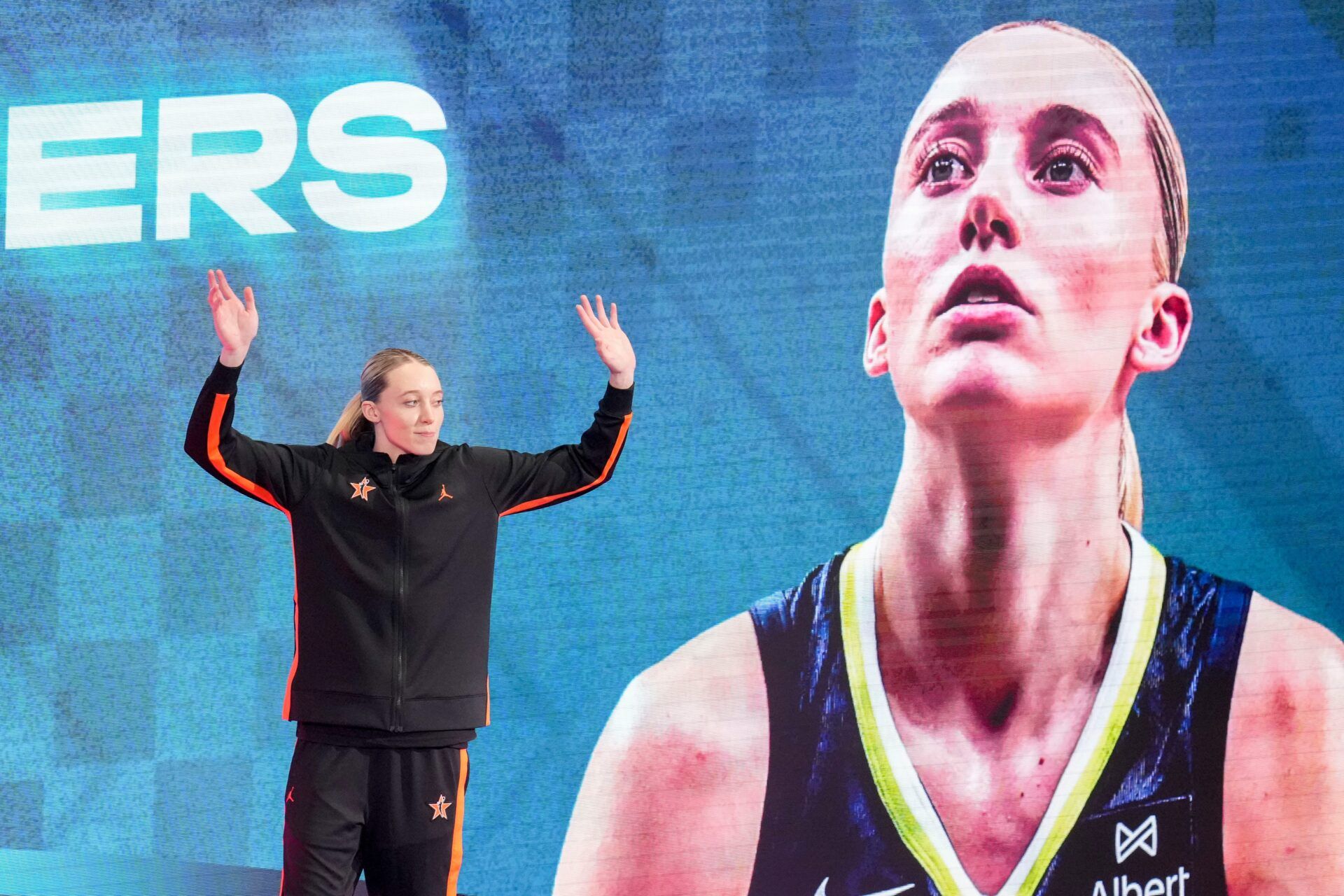 Dallas Wings' Paige Bueckers (5) is introduced Saturday, July 19, 2025, ahead of the WNBA All-Star Game at Gainbridge Fieldhouse in Indianapolis.