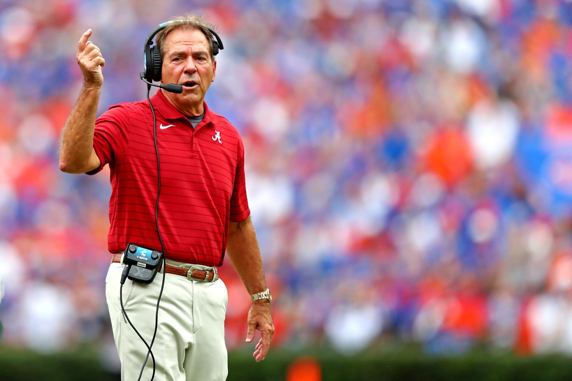 Alabama Crimson Tide head coach Nick Saban reacts during the first quarter against the Florida Gators at Ben Hill Griffin Stadium.