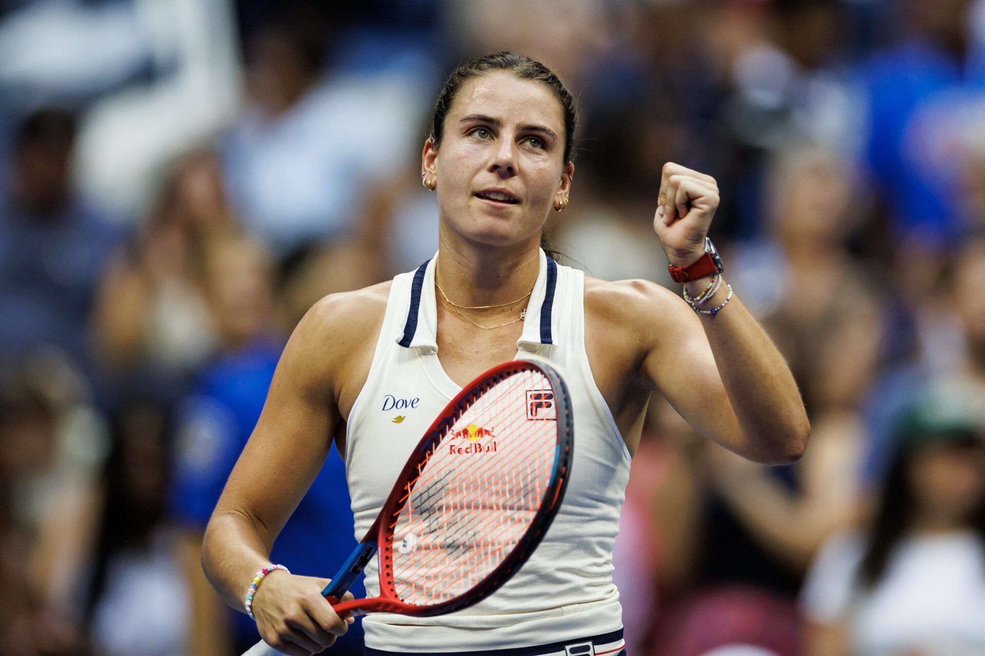 Emma Navarro (USA) reacts after her match against Coco Gauff (USA) on day seven of the 2024 U.S. Open tennis tournament at the USTA Billie Jean King National Tennis Center.