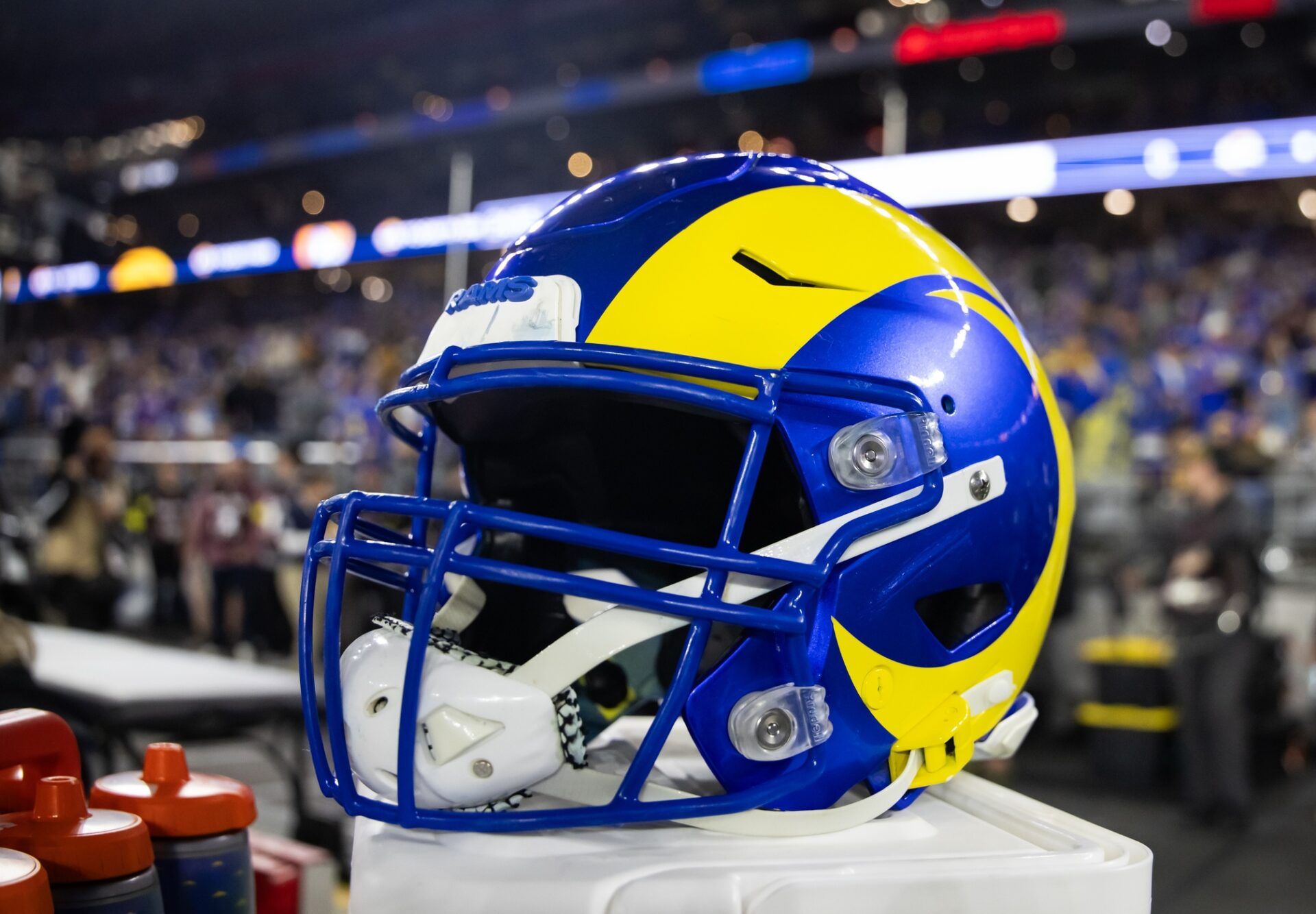 Detailed view of a Los Angeles Rams helmet during an NFC wild card game at State Farm Stadium.