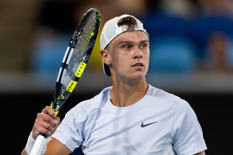Holger Rune of Denmark gestures during his match against Miomir Kecmanovic of Serbia in the third round of the men's singles at the 2025 Australian Open at Melbourne Park.