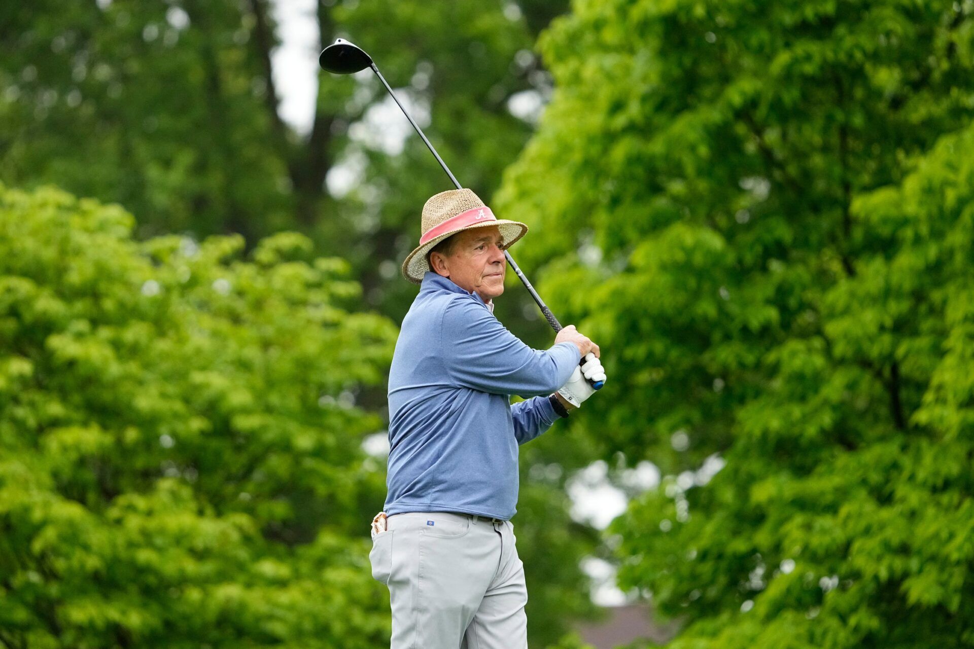 Former Alabama head football coach Nick Saban tees off on No. 14 during the Workday Golden Bear Pro-Am at Muirfield Village Golf Club in Dublin, Ohio on May 28, 2025. Saban was paired with Ryan Day and Justin Thomas.
