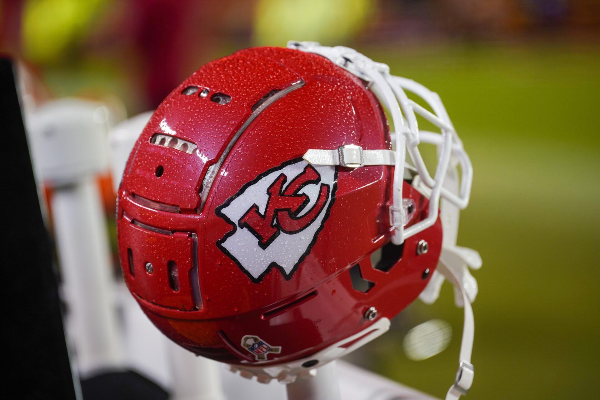 A general view of a Kansas City Chiefs helmet after the game against the Philadelphia Eagles at GEHA Field at Arrowhead Stadium.