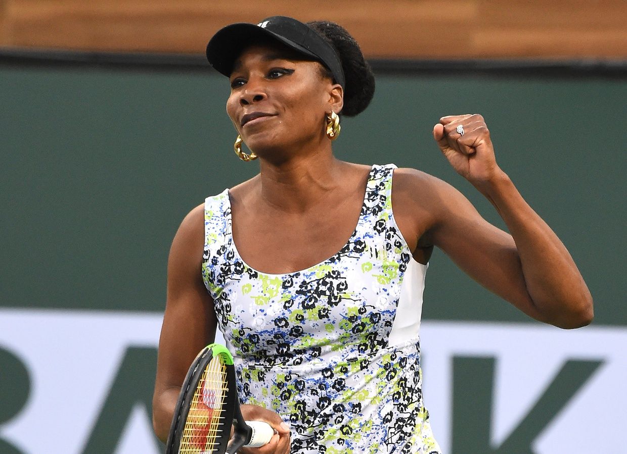 Venus Williams (USA) reacts after winning her quarterfinal match against Carla Suarez Navarro (not pictured) in the BNP Paribas Open at the Indian Wells Tennis Garden.