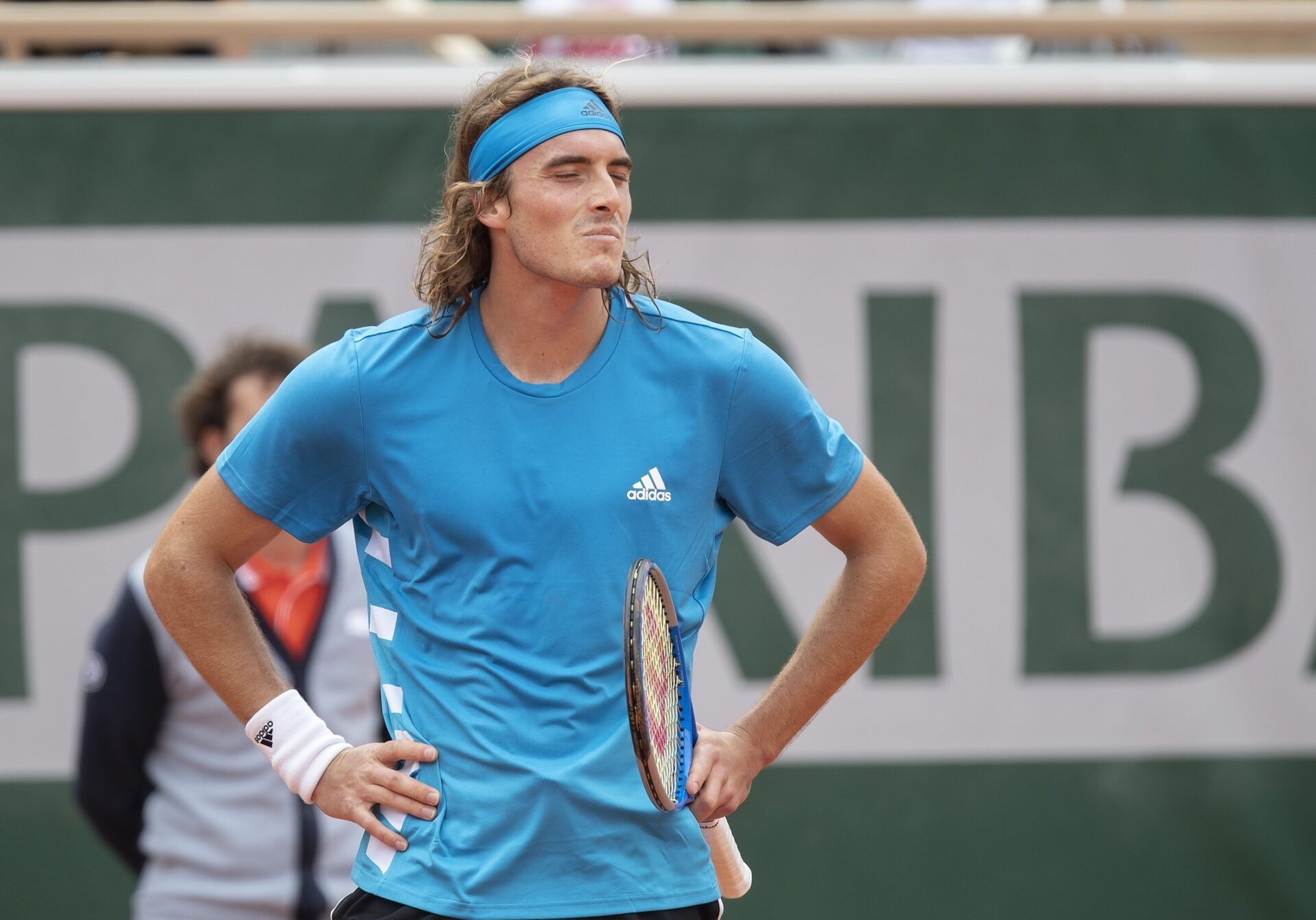 Stefanos Tsitsipas (GRE) reacts during his match against Maximilian Marterer (not pictured) on day one of the 2019 French Open at Stade Roland Garros.