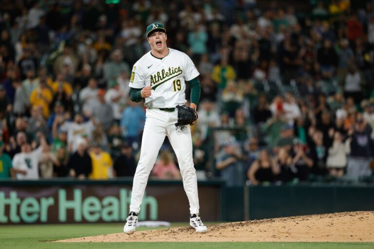 Athletics pitcher Mason Miller (19) reacts after the final out during the ninth inning against the Cleveland Guardians at Sutter Health Park.
