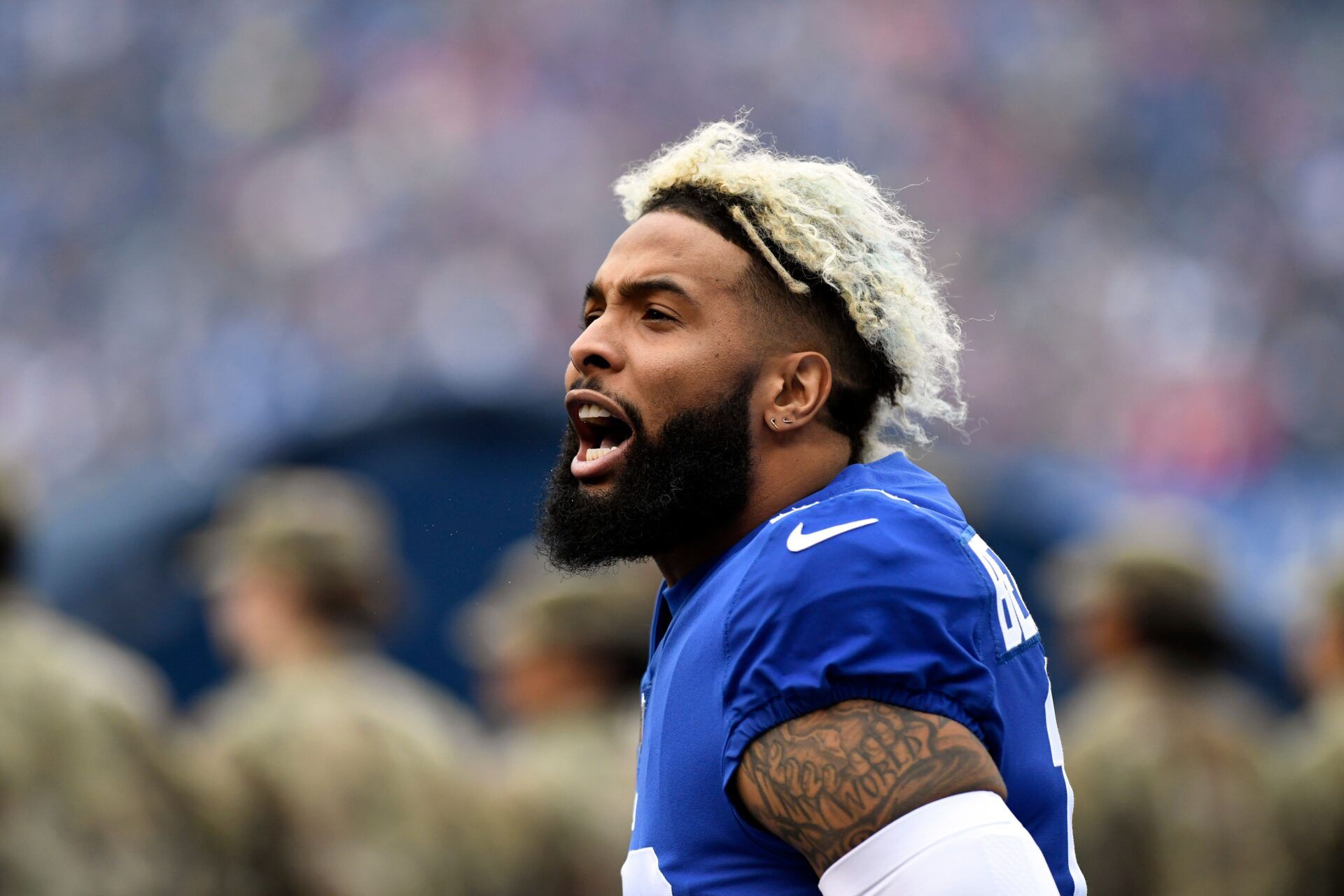 New York Giants wide receiver Odell Beckham Jr. (13) yells to the fans after the National Anthem. The New York Giants face the Tampa Bay Buccaneers in NFL Week 11 on Sunday, Nov. 18, 2018 in East Rutherford.

Nyg Vs Tb