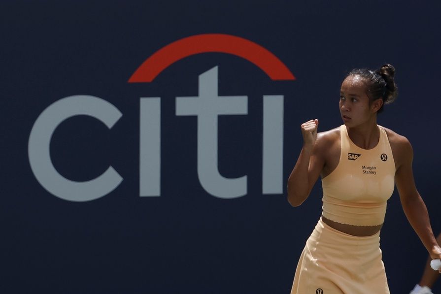 Leylah Fernandez (CAN) reacts after winning a point against Maya Joint (AUS)(not pictured) in a women's singles match on day one of the Mubadala Citi DC Open at Rock Creek Park Tennis Center.