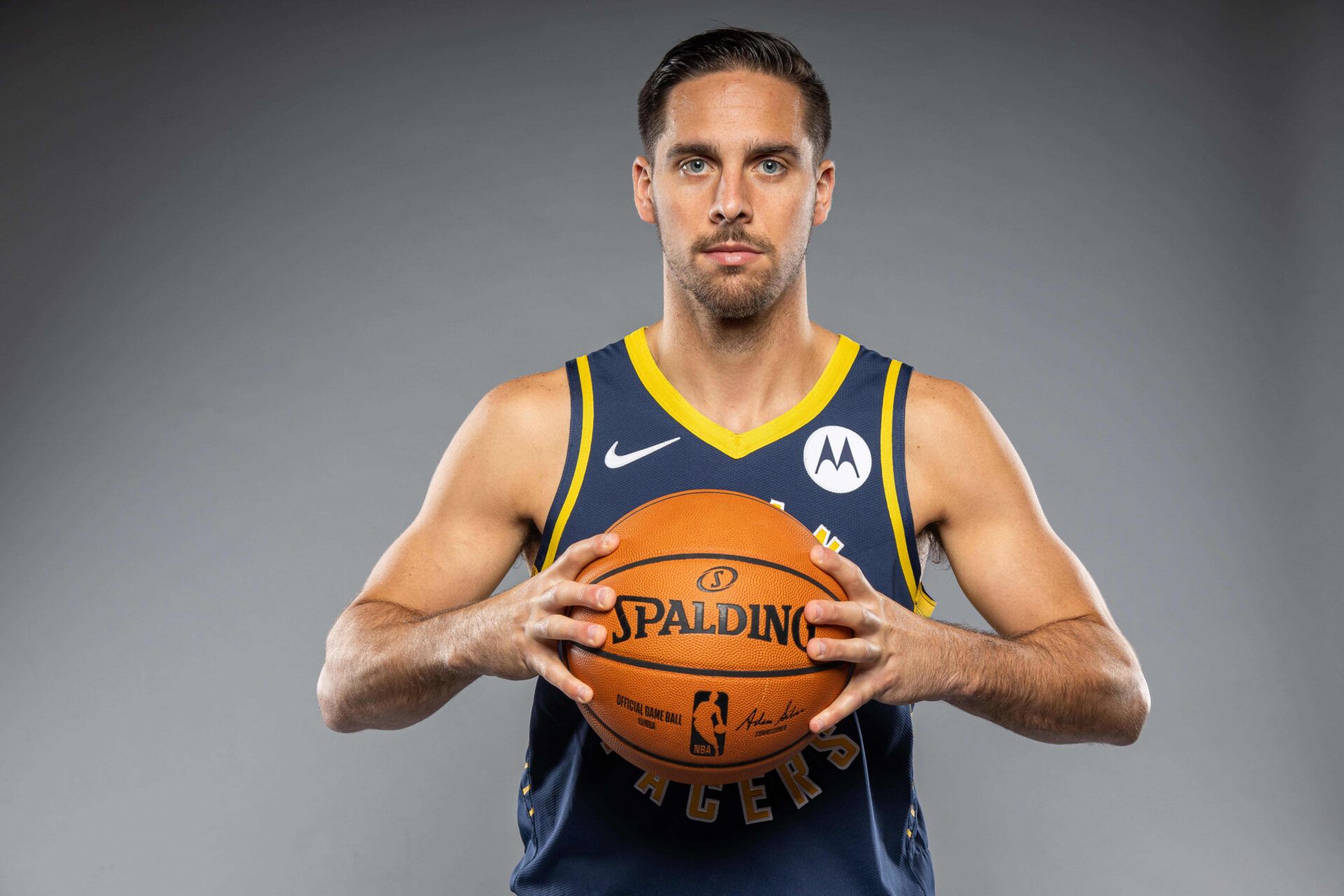 Indiana Pacers guard TJ McConnell (9) poses for a photo during media day at Bankers Life Fieldhouse.