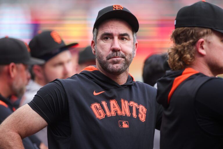 San Francisco Giants starting pitcher Justin Verlander (35) in the dugout against the Atlanta Braves in the first inning at Truist Park.