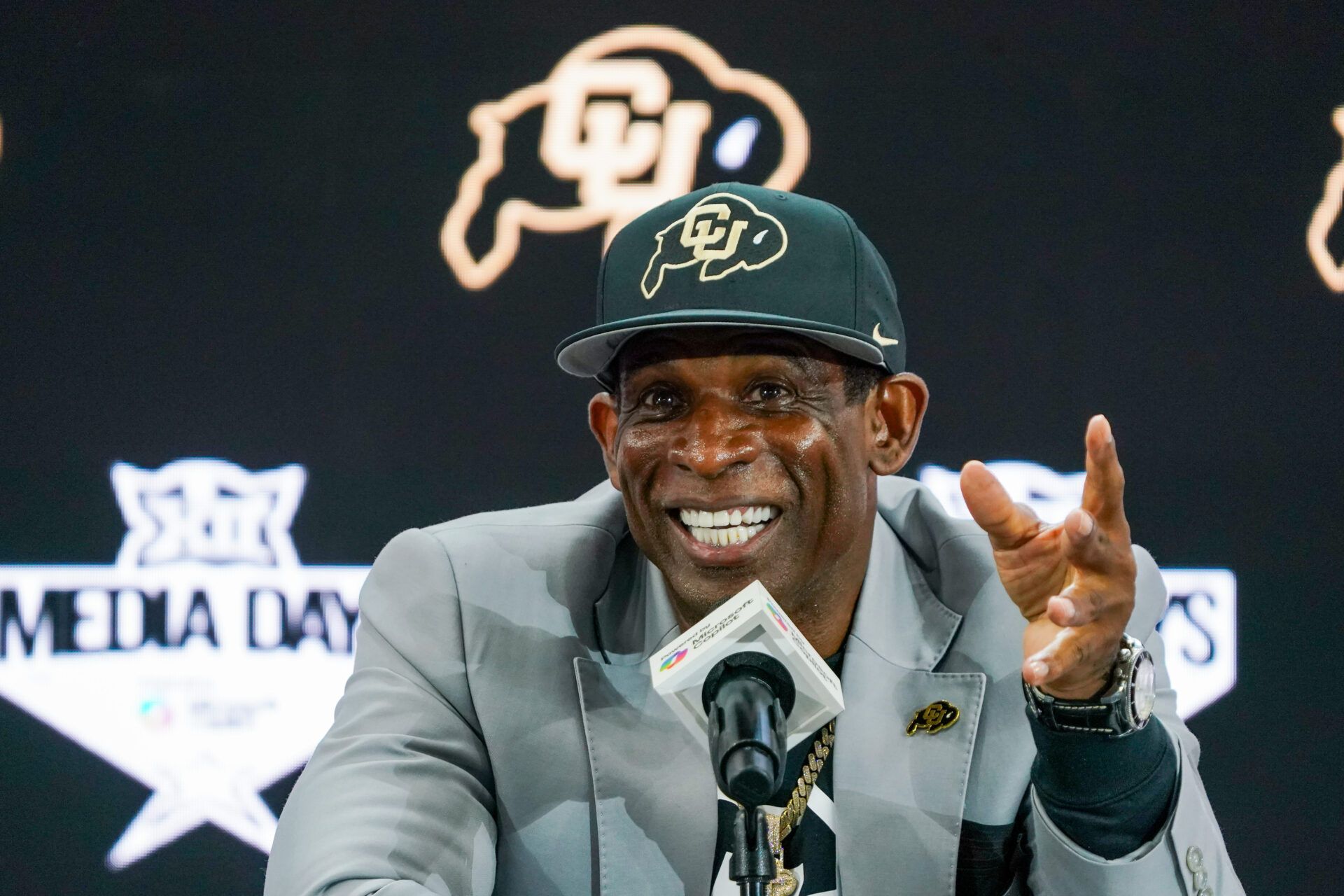 Colorado head coach Deion Sanders speaks with the media during 2025 Big 12 Football Media Days at The Star.