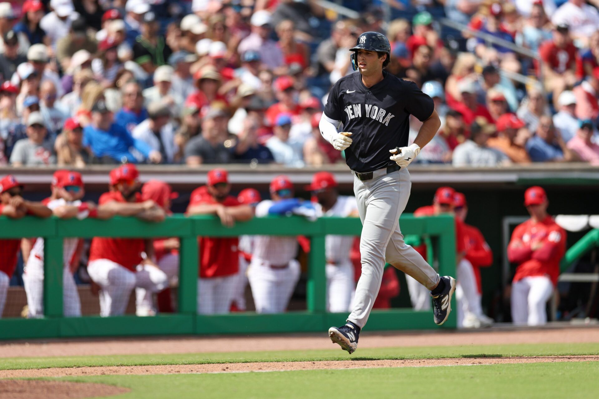 New York Yankees outfielder Spencer Jones (78) runs the bases after hitting a three-run home run against the Philadelphia Phillies in the third inning during spring training at BayCare Ballpark.