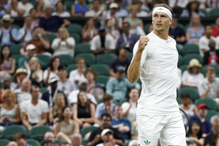 Alexander Zverev (GER) reacts after winning a point against Arthur Rinderknech (FRA)(not pictured) on day one of The Championships, Wimbledon 2025 at All England Lawn Tennis and Croquet Club.