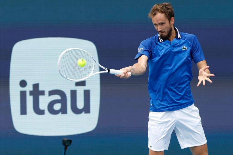 Daniil Medvedev hits a forehand against Jannik Sinner (ITA) (not pictured) in a men's singles semifinal of the Miami Open at Hard Rock Stadium.