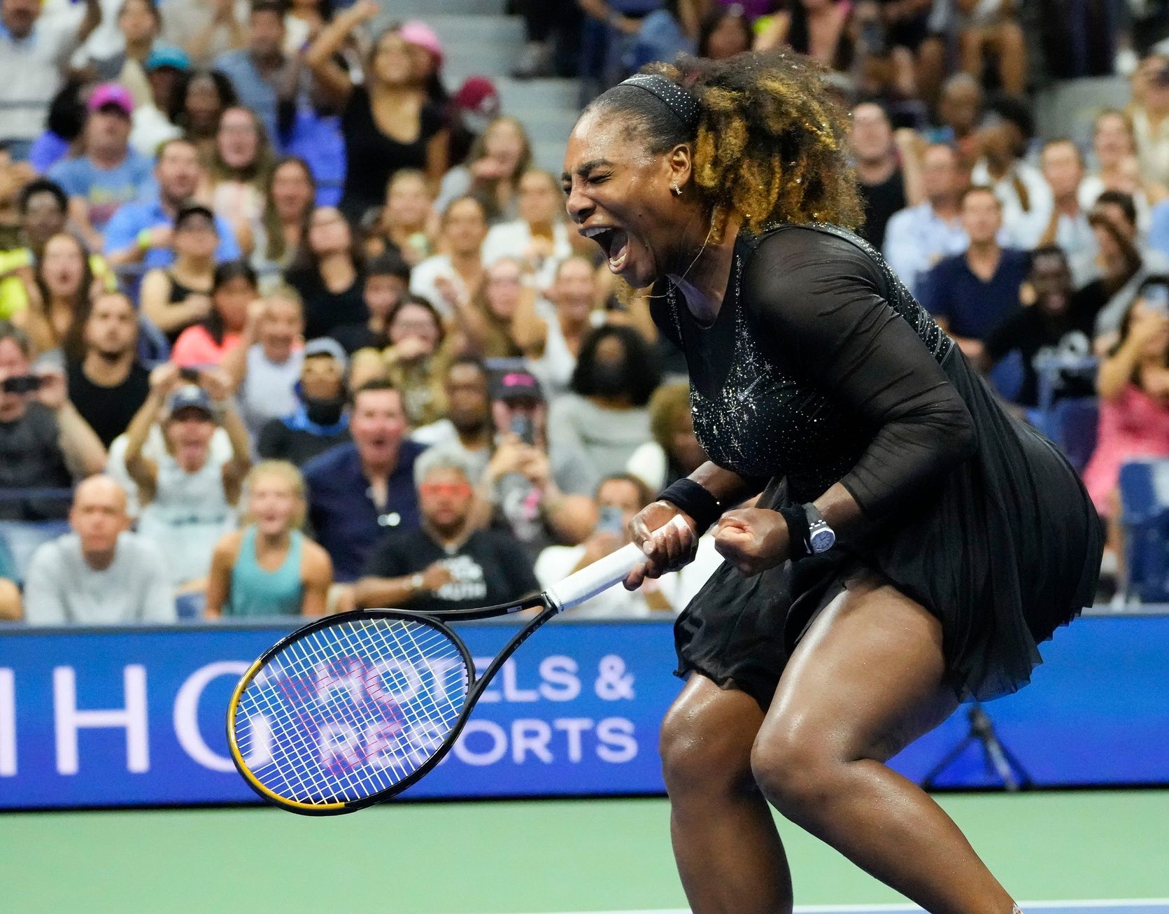 Serena Williams of the USA reacts after winning the first set against Danka Kovinic of Montenegro on day one of the 2022 U.S. Open Tennis Tournament at the Billie Jean King National Tennis Center.