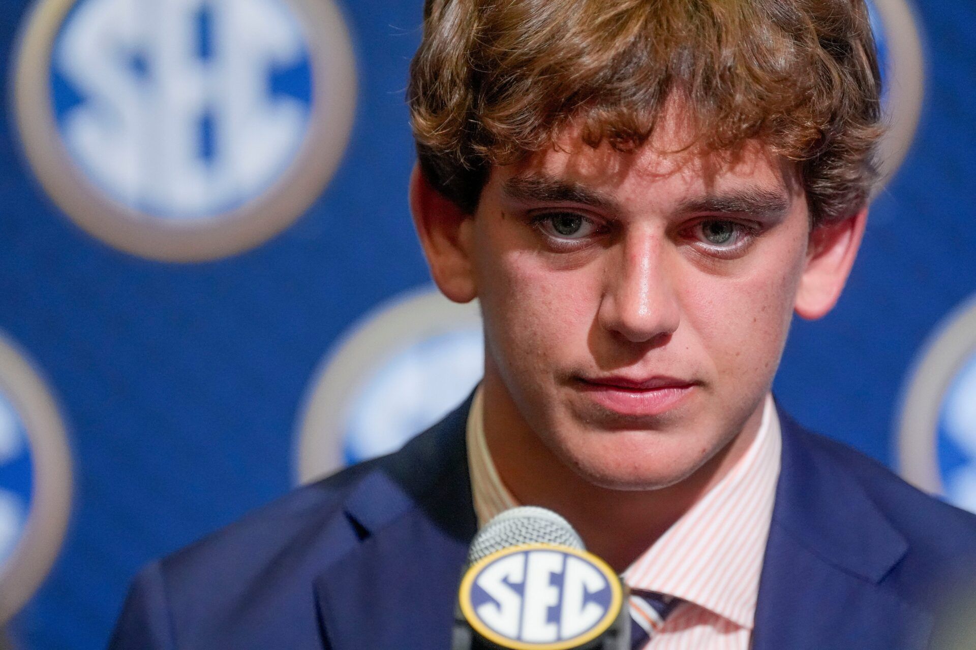 Texas quarterback Arch Manning listens to a question during SEC Media Days at the College Football Hall of Fame in Atlanta.